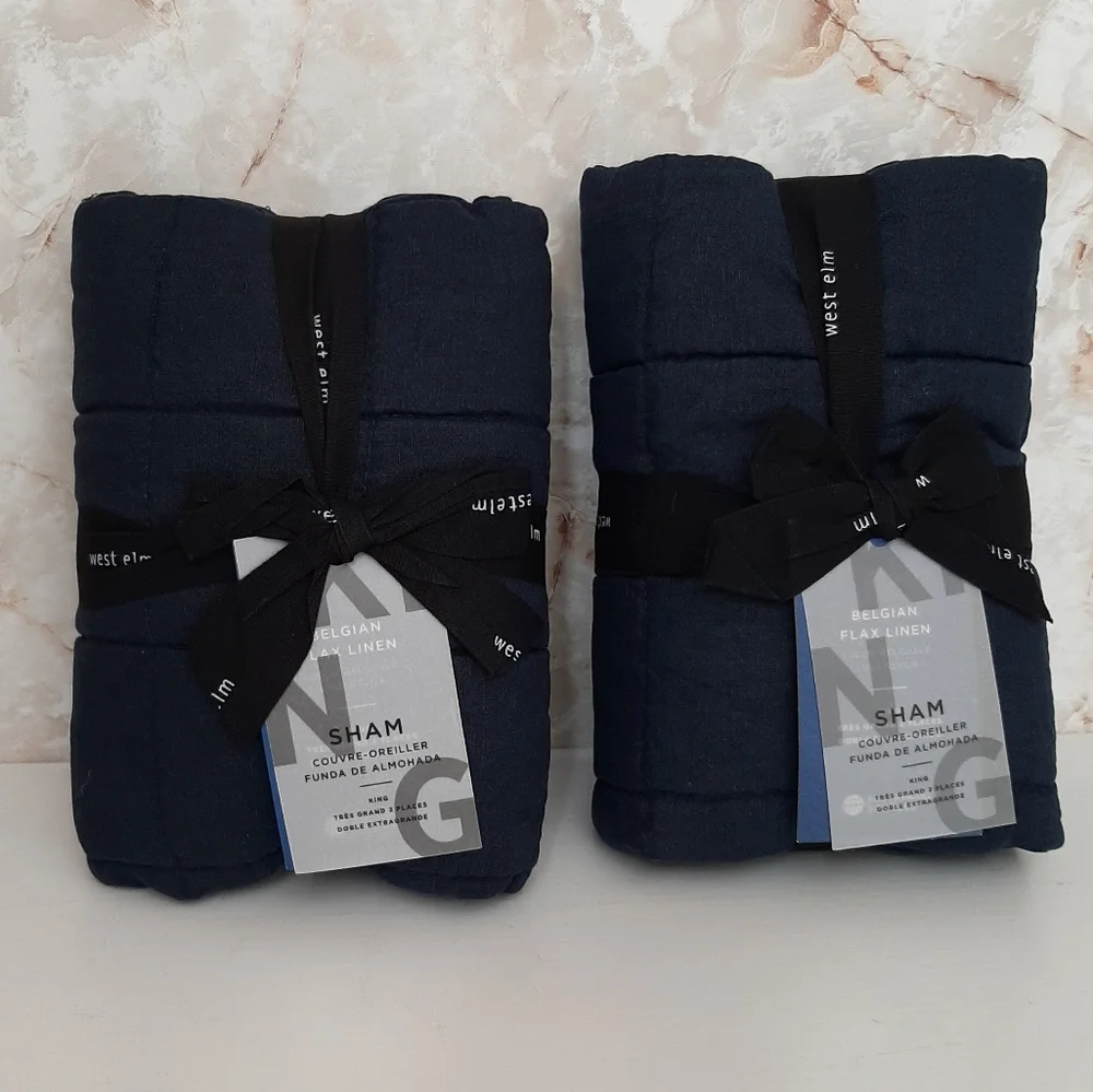 West Elm Belgian Flax Linen Frayed Edge King Quilted Shams Midnight Blue